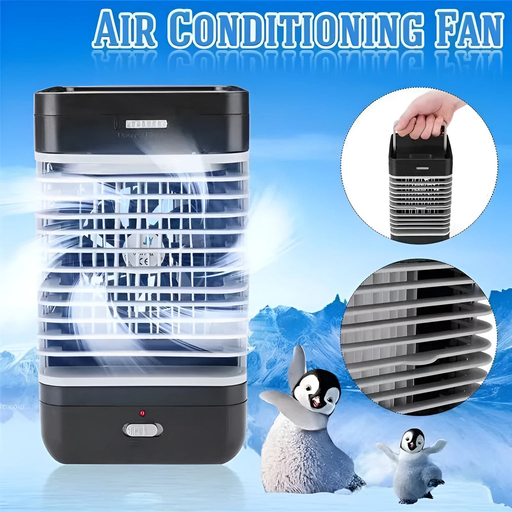 Black portable vertical USB evaporative air cooler measuring 16 by 13.5 by 28.5 cm on a desk