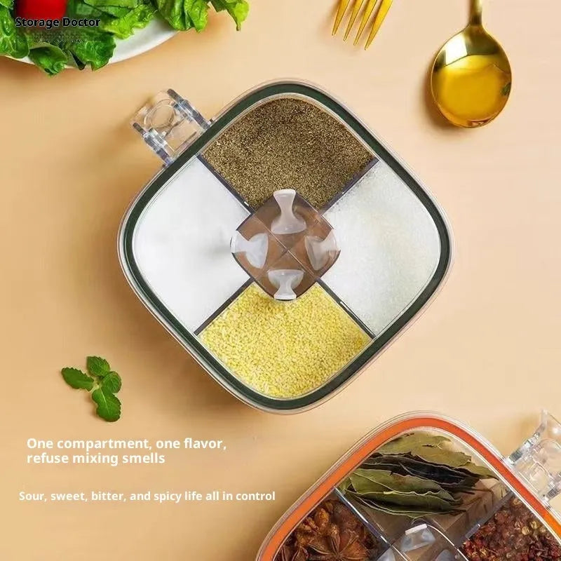 Five-in-one plastic seasoning container box in orange on a kitchen countertop