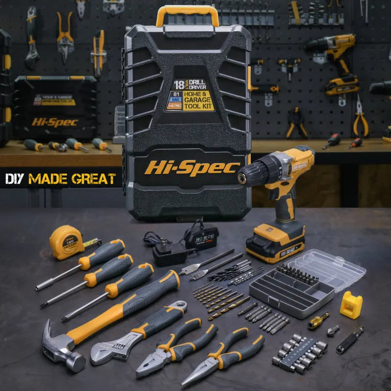 Grey yellow toolbox with 82-piece hardware tool set for furniture installation