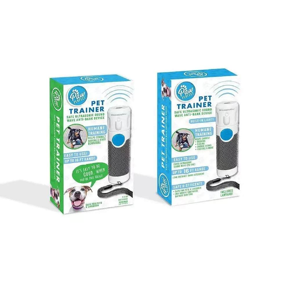 White handheld ultrasonic dog bark control trainer with AAA battery compartment.