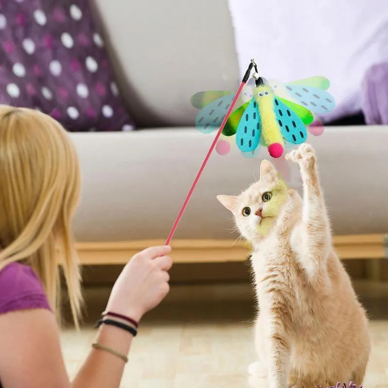 Blue cat wand toy with dragonfly bell attachment measuring 49cm long
