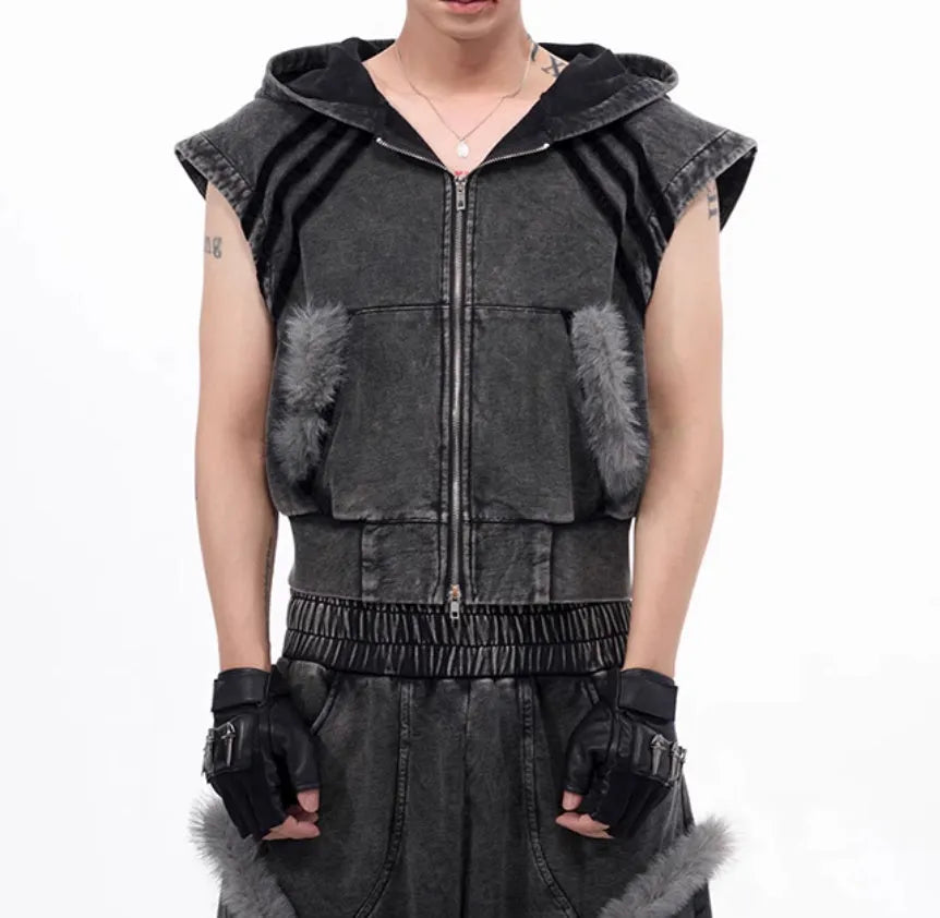 Stitching fur washed and worn sleeveless hooded tank top vest short Korean street style black and gray