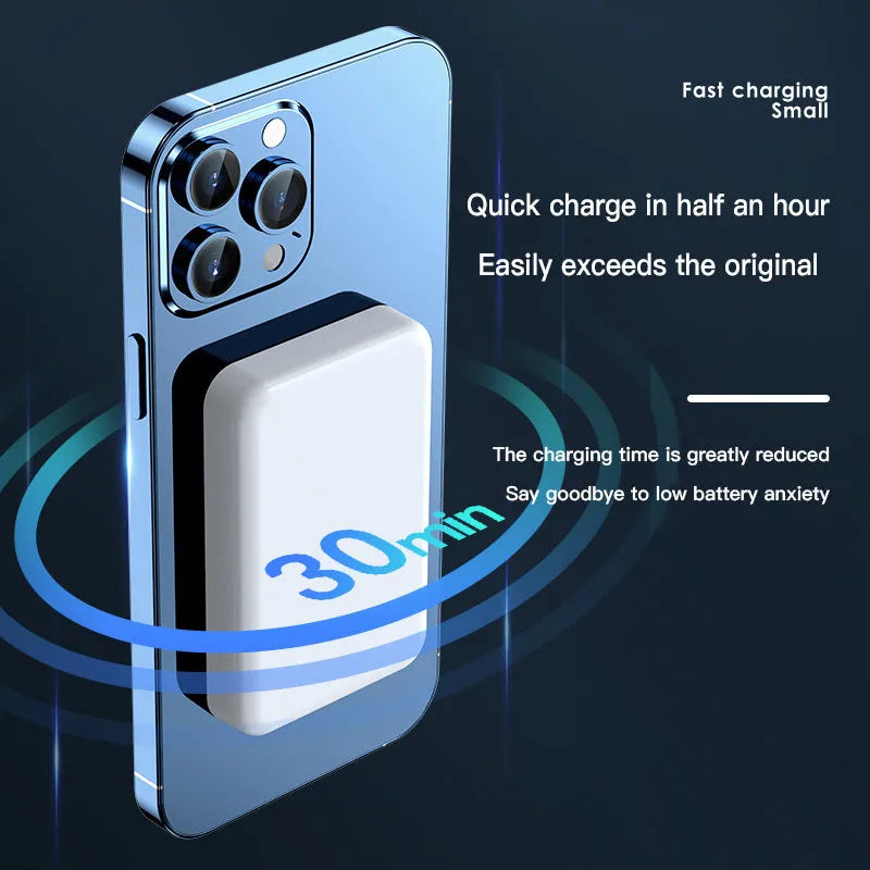 Pink wireless magnetic power bank showing dimensions and magnetic charging connector.