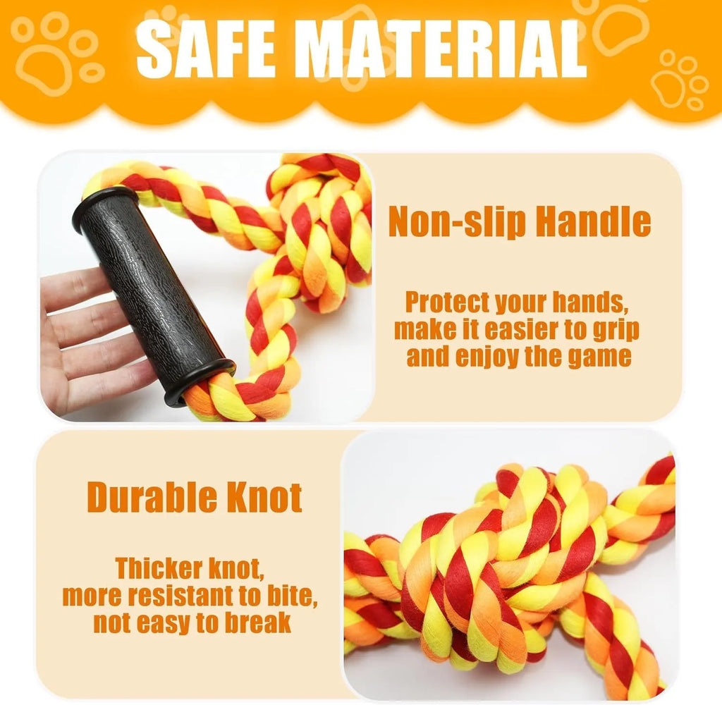 Blue and yellow heavy-duty cotton rope tug toy for large dogs with an ergonomic handle.