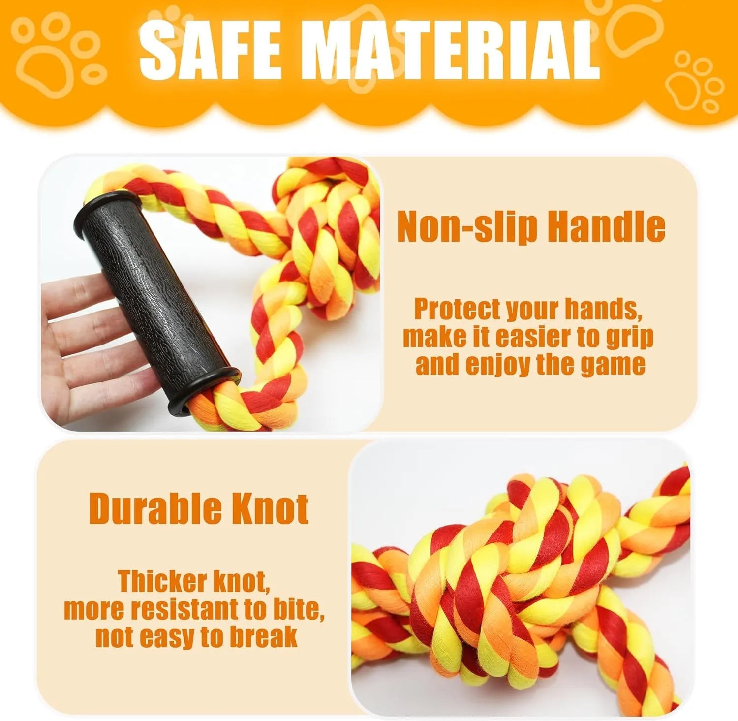 Blue and yellow heavy-duty cotton rope tug toy for large dogs with an ergonomic handle.
