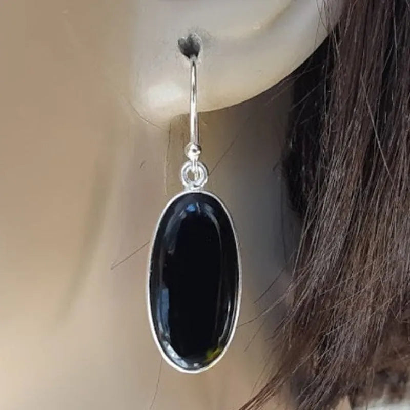 925 silver women's earrings with oval black agate pendants in geometric Chinese style design