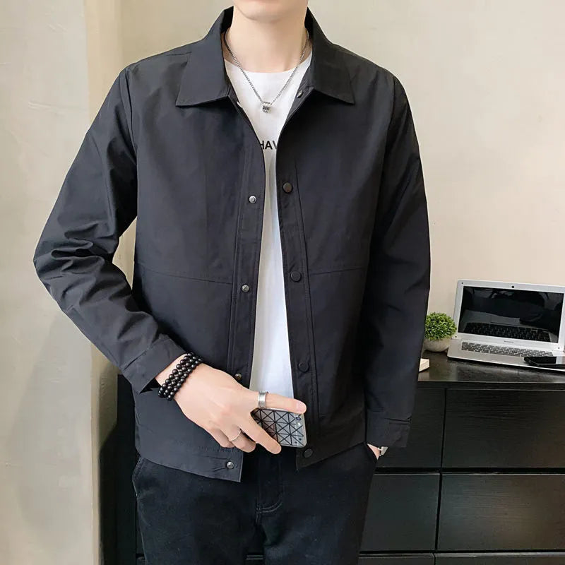 Men's thin single-layer Korean-style jacket in grey, shown on a hanger.