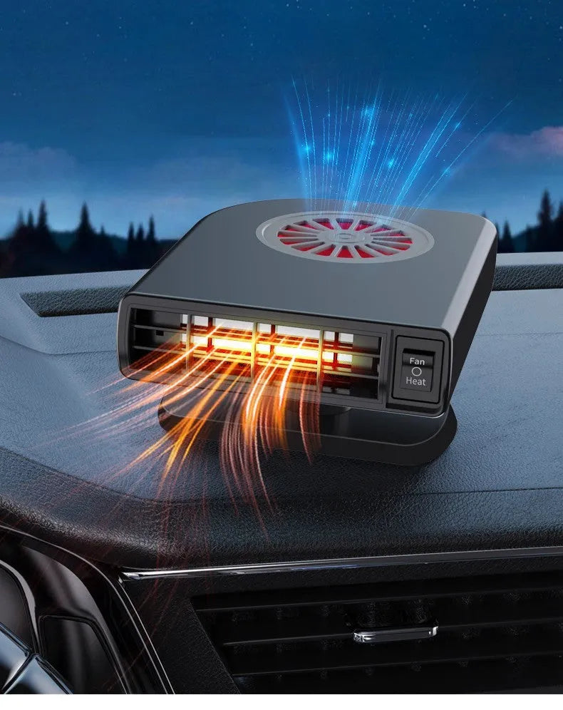 Black ABS vehicle-mounted car heater for defogging, shown with adjustable vents and double-sided adhesive.