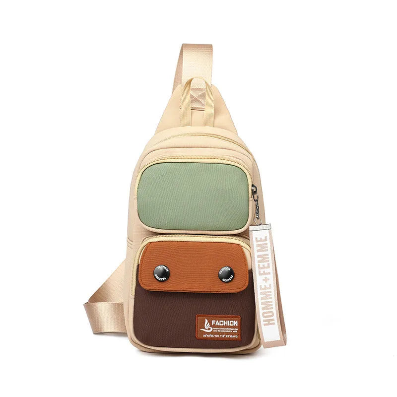 Nylon outdoor crossbody shoulder bag in beige contrast colour with letter pattern