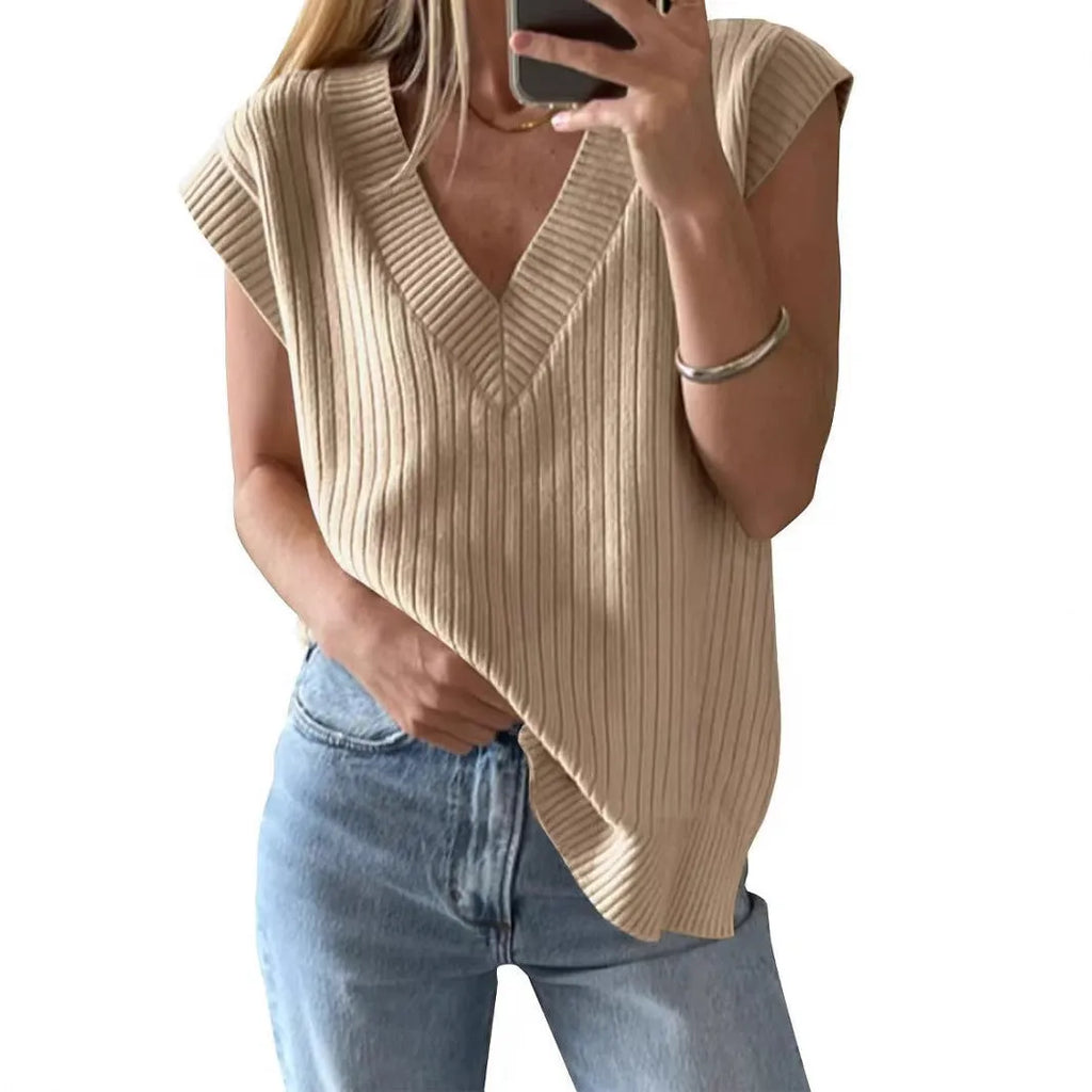 Women's camel-coloured V-neck sleeveless pullover vest with loose fit