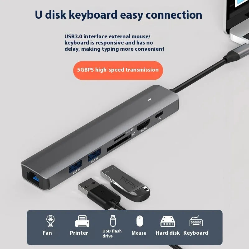 LQT-LH07 7-in-1 USB card reader hub with PD charging port for laptop connectivity expansion