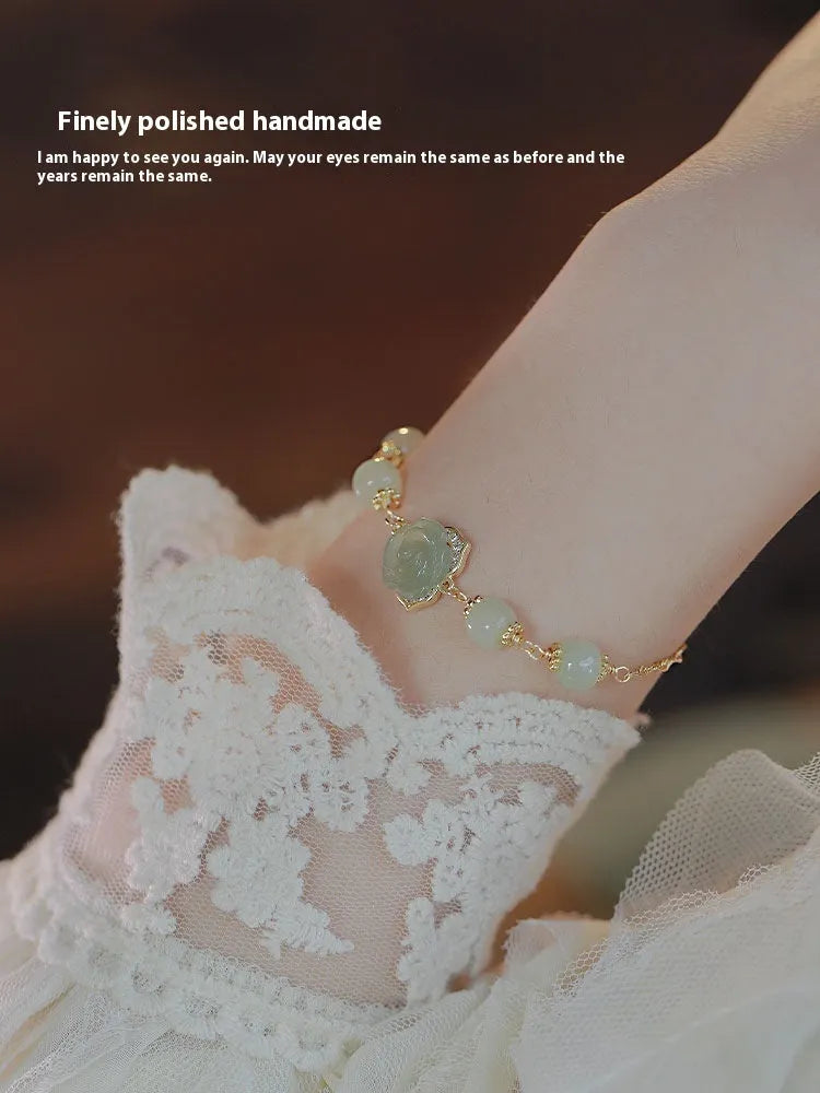 Original design Hetian jade rose women's bracelet with 14K gilded finish and flower shape