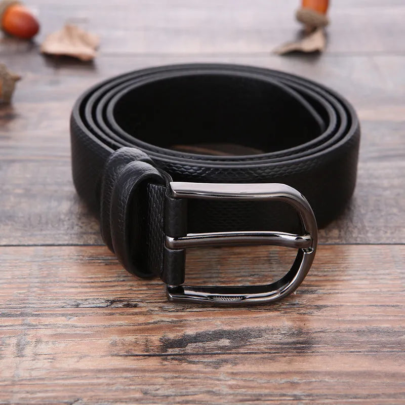 Men's black business belt with alloy pin buckle showing a laser-etched elephant pattern design.