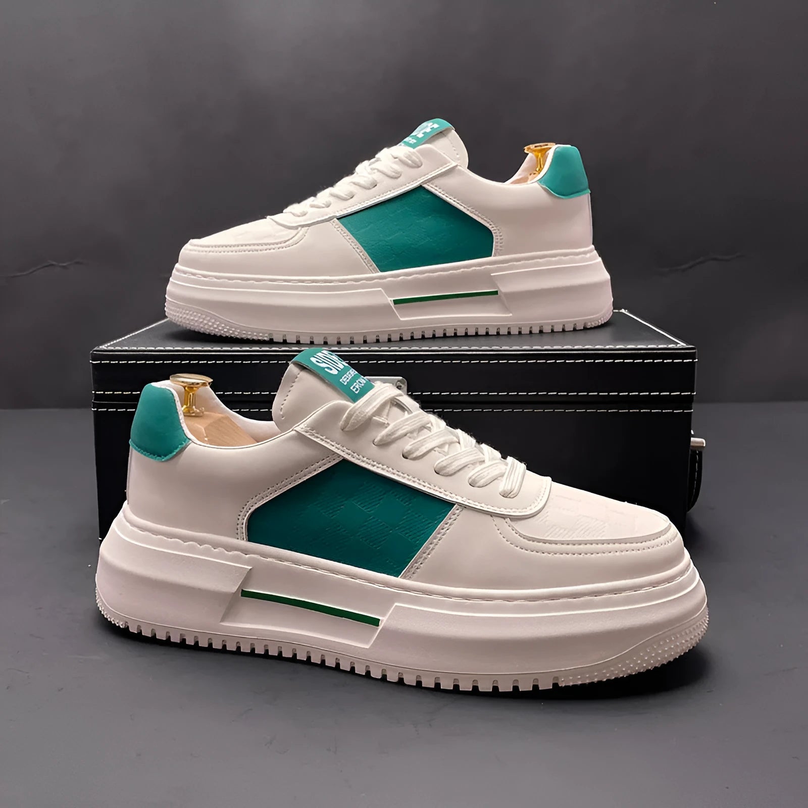 White and green casual sports shoes with cloth upper and rubber foam sole