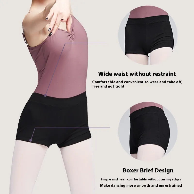 Black cotton ballet practice shorts for women shown flat.