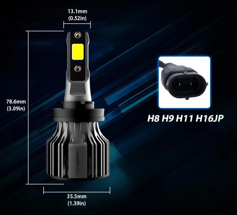 Car LED headlight bulb kit showing 6000K white light, 72W high power, and plug-and-play connectors.