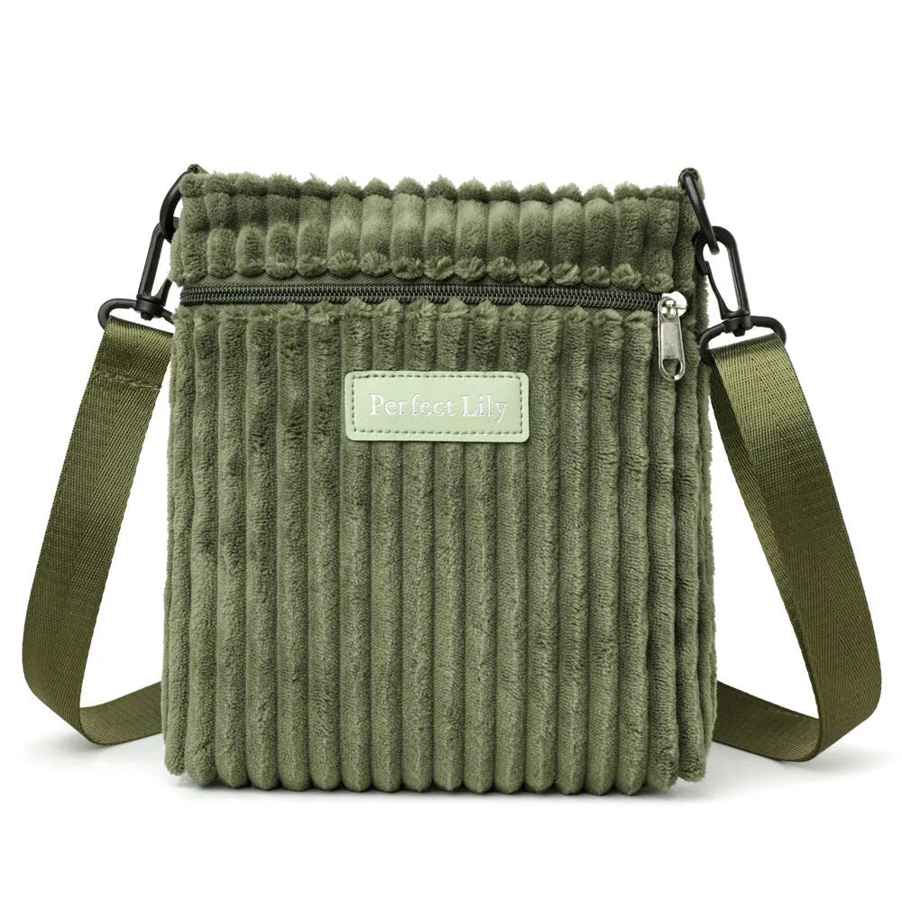 Women's corduroy shoulder messenger bag in beige, horizontal square shape, single strap
