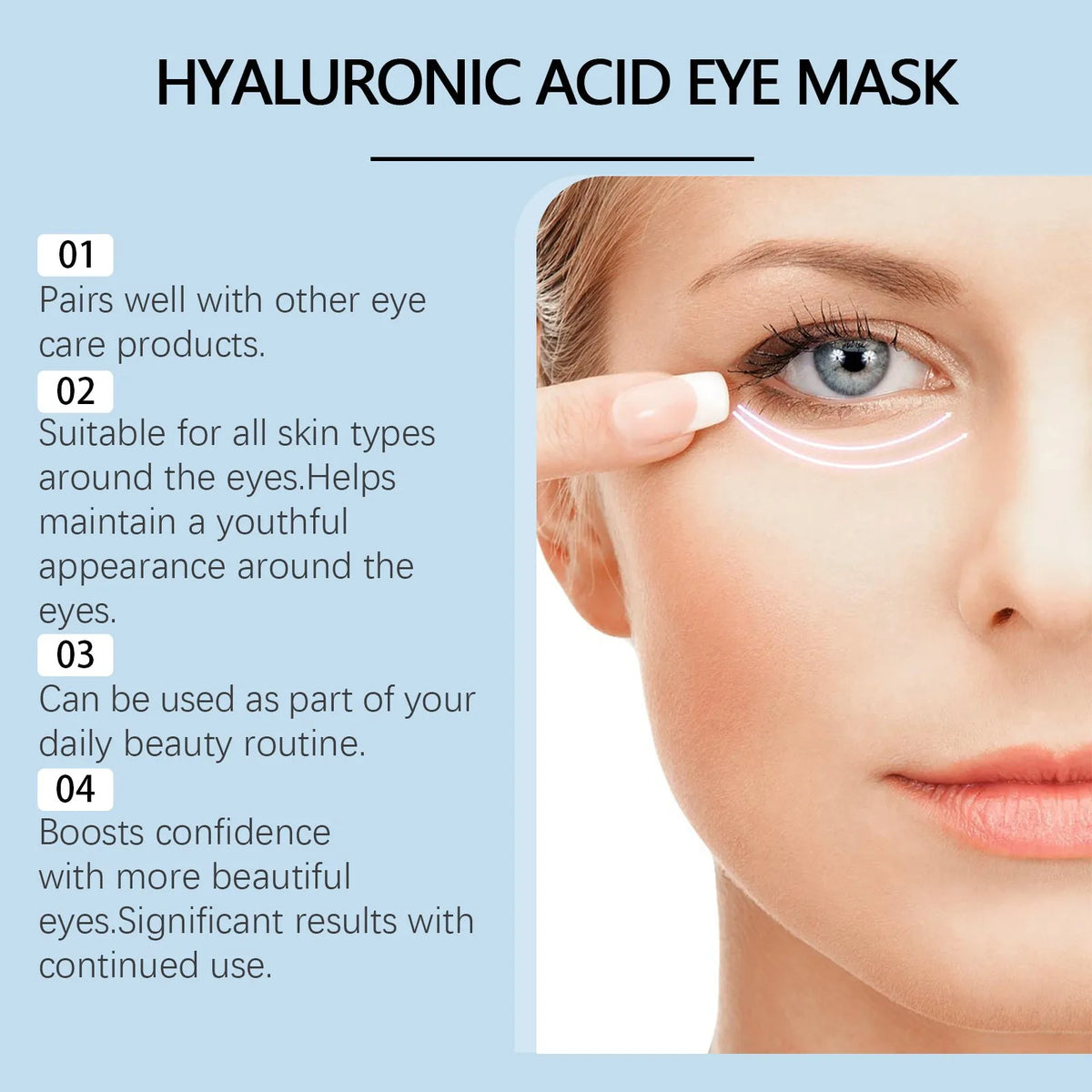 Hyaluronic Acid Eye Mask 8 pairs in sachet packaging with vitamin C and snail secretion filtrate ingredients