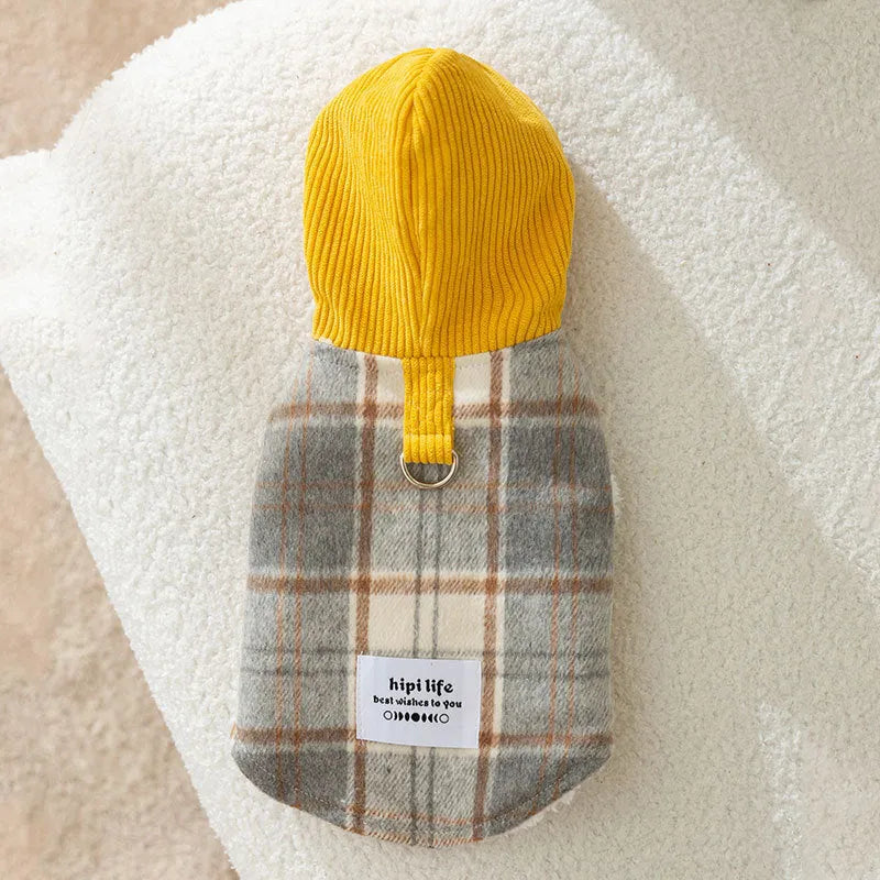 Blue chessboard grid corduroy dog vest with hooded traction feature showing weight-based sizing