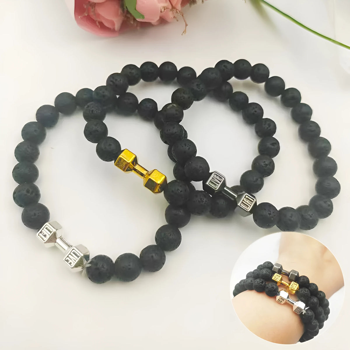Men's 18cm alloy dumbbell bracelet with volcanic stone beads on elastic cord in volcanic black