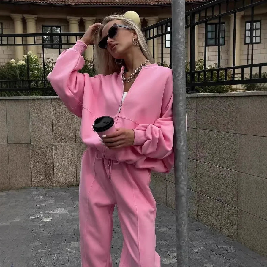 Women's pink cotton blend sweater and cropped pants two-piece set with collar stitching detail