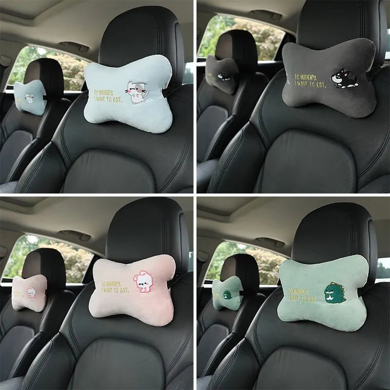 Car plush embroidery headrest shoulder pad with cute lion design in black on a car seat