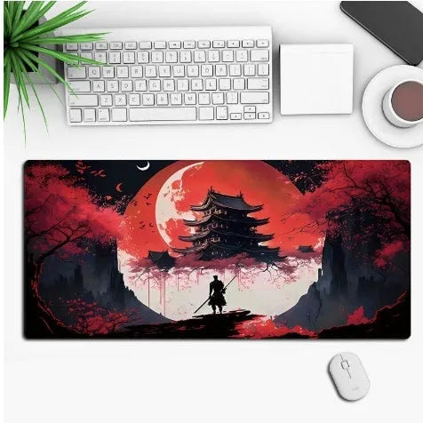 Custom anime print gaming mouse pad with non-slip rubber cloth base on a desk.