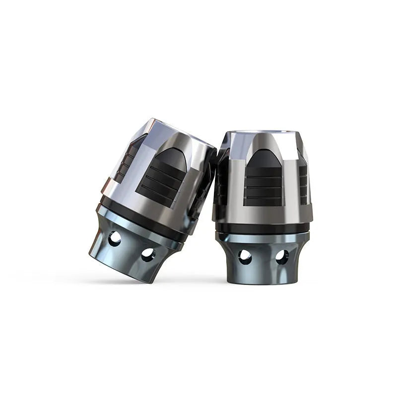 A pair of anodised aluminium fork cups for motorcycle or electric car front axles, shown in a selection of colours.