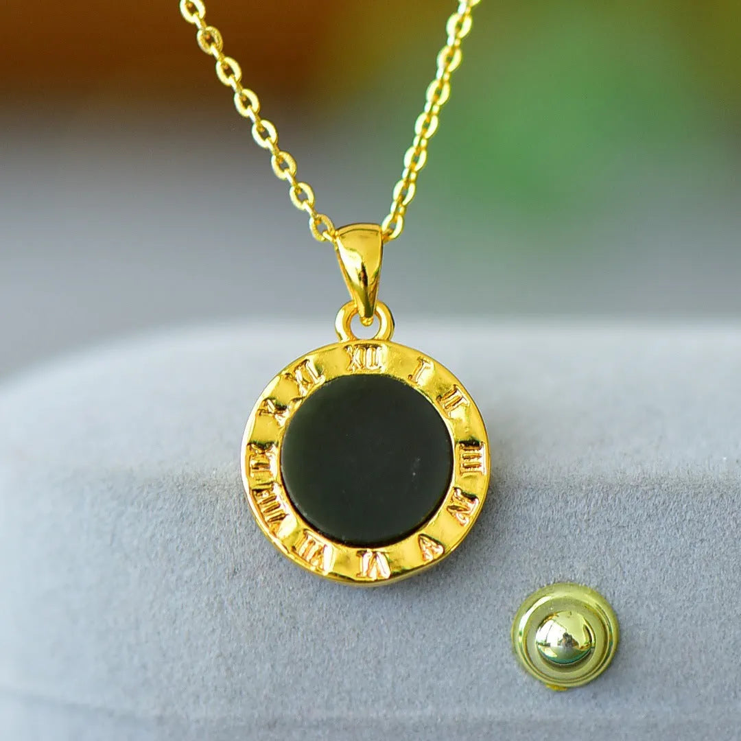 Copper inlaid natural Hetian grey jade pendant with ink blue accents on necklace