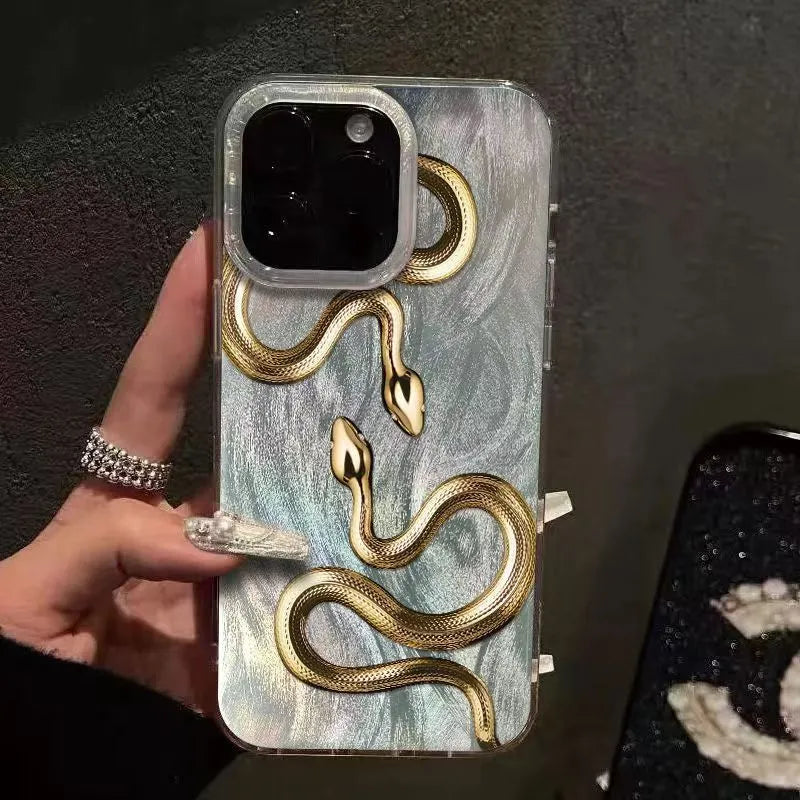 Gold snake hard PC phone case for iPhone 16 Plus with cartoon design and random back texture