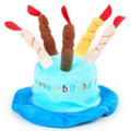 Blue or pink dog birthday hat with elastic chin strap measuring 21x15x6.5cm