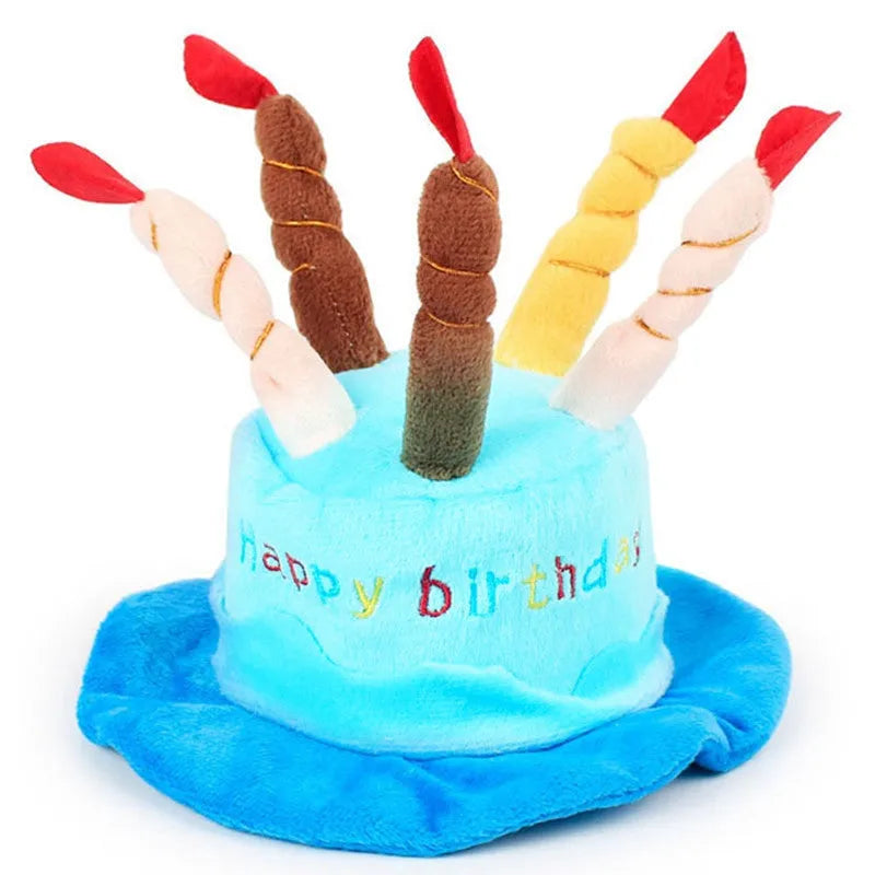 Blue or pink dog birthday hat with elastic chin strap measuring 21x15x6.5cm