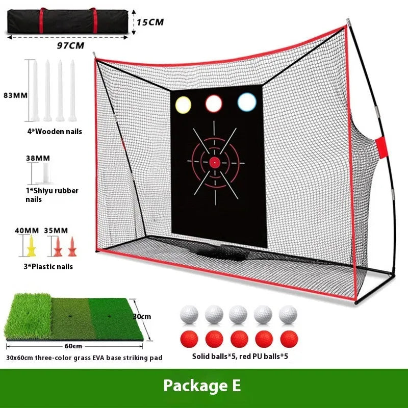 Golf swing wedge training net with three-hole cross design and straw putting mat