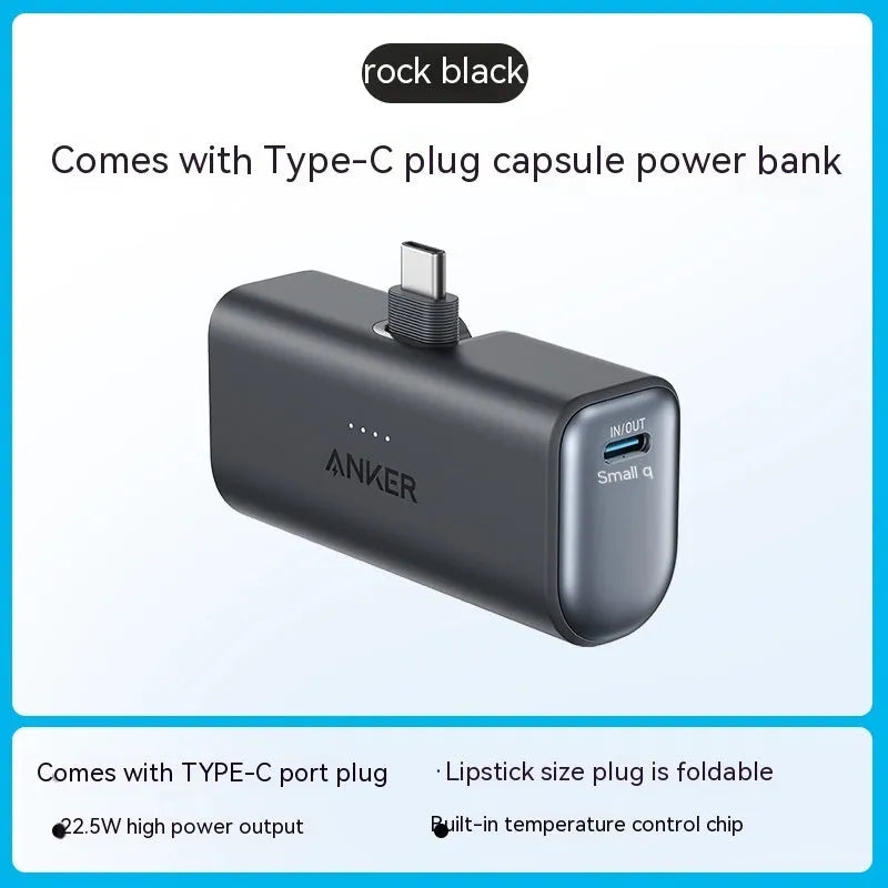 Capsule power bank 5000mAh portable charger with foldable Type-C head in five colour options