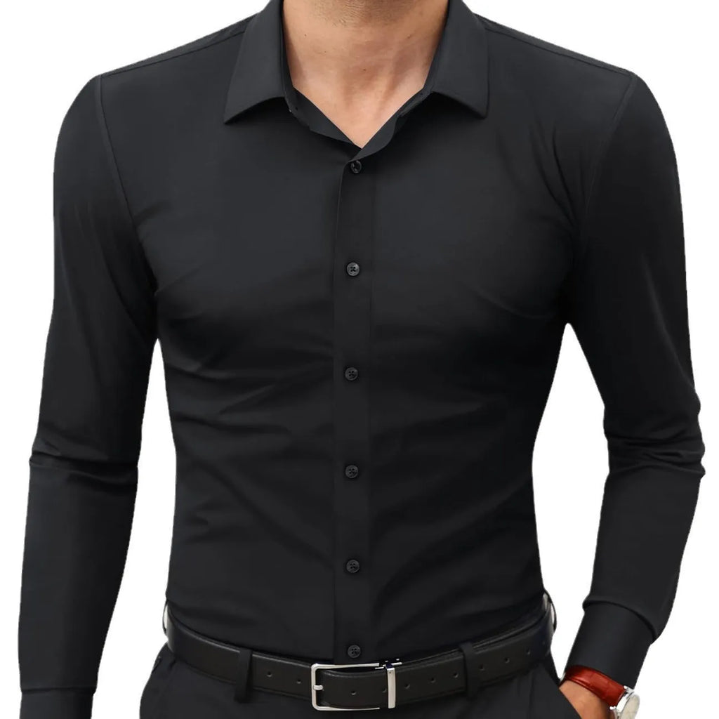 Men's long sleeve solid colour cardigan style shirt with four-sided elastic polyester fabric