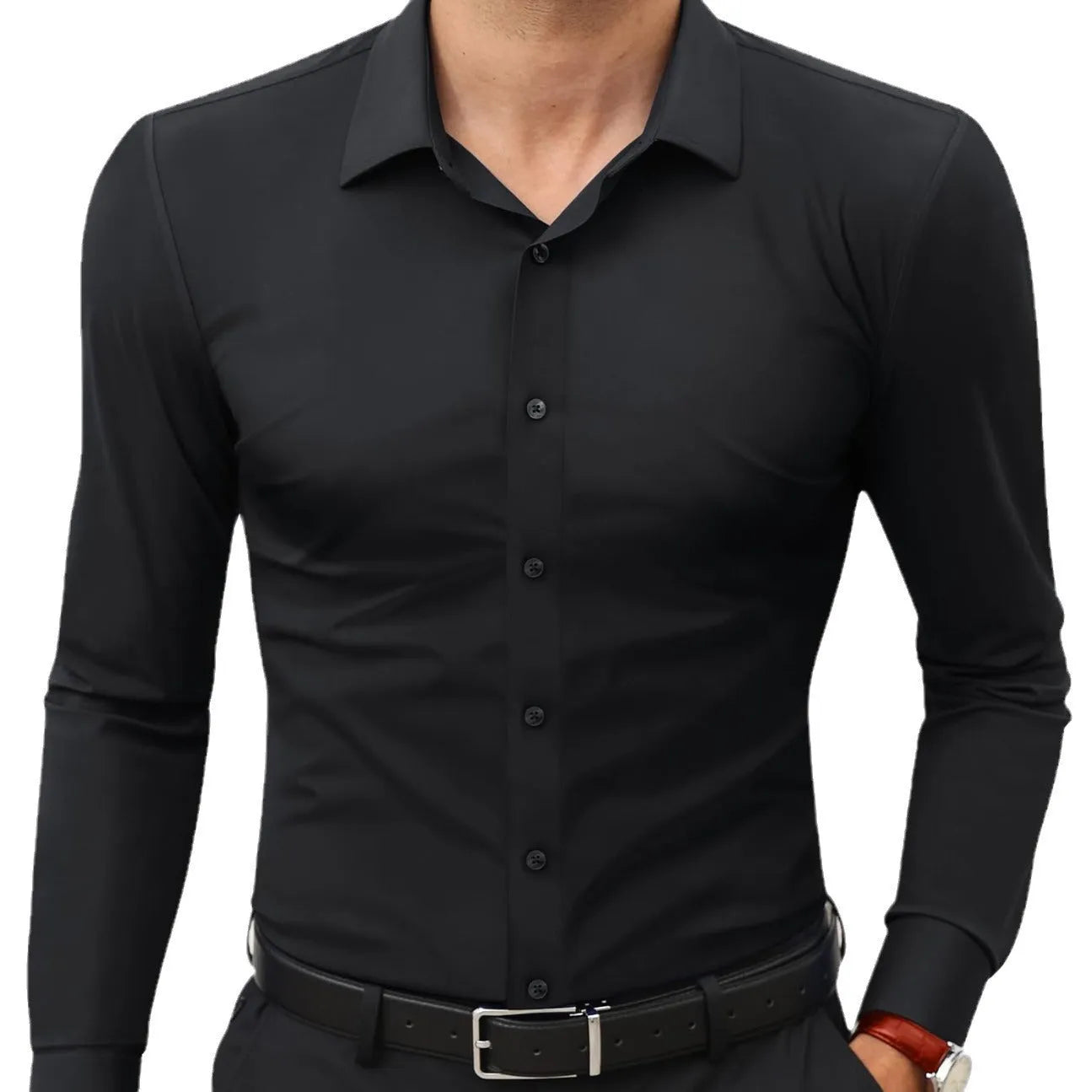 Men's long sleeve solid colour cardigan style shirt with four-sided elastic polyester fabric
