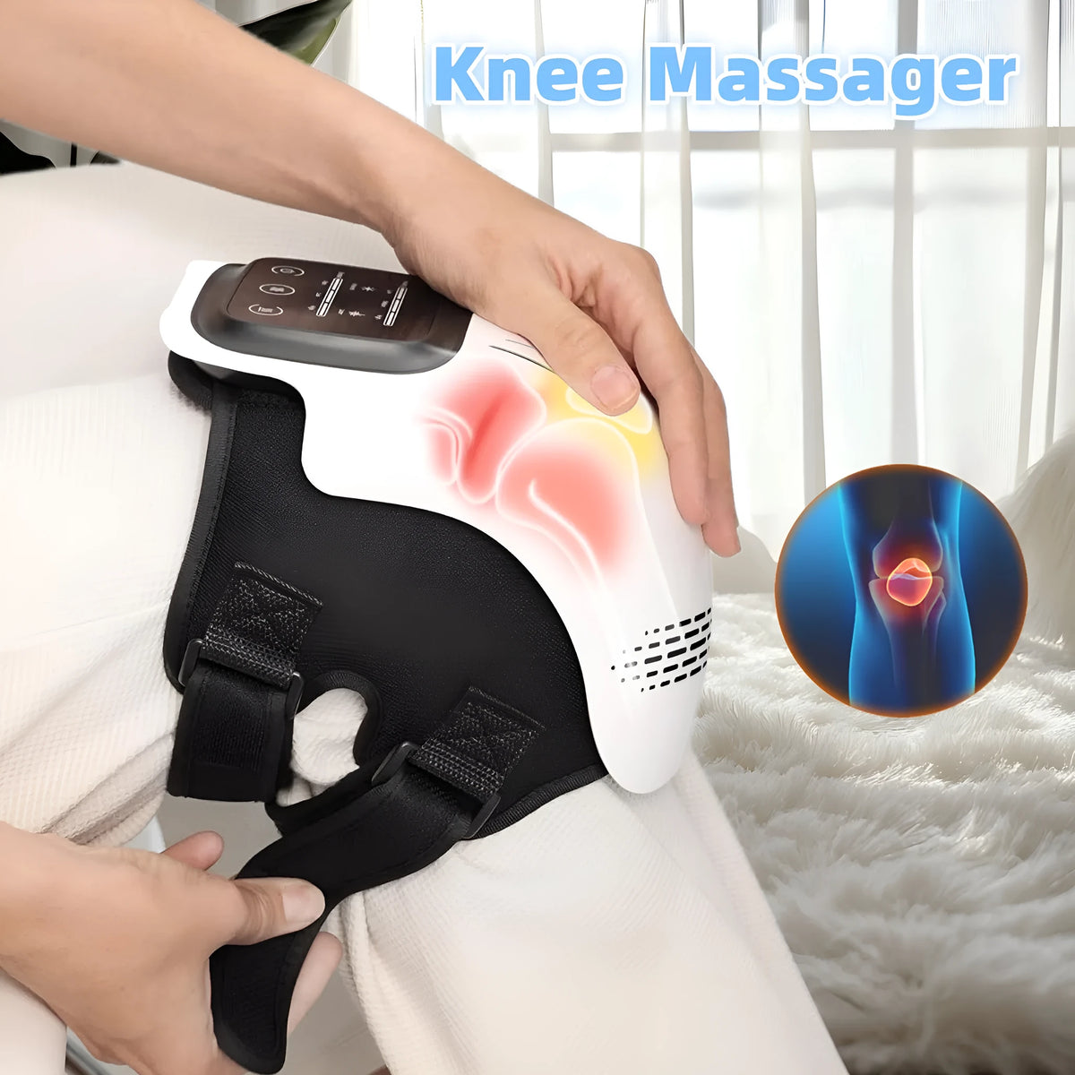 White electric knee massager showing flexible design with control panel and USB charging port