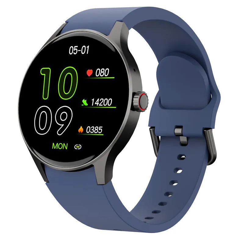 Black Bluetooth sport watch with round screen on wrist showing fitness metrics, IP68 waterproof rating for swimming.