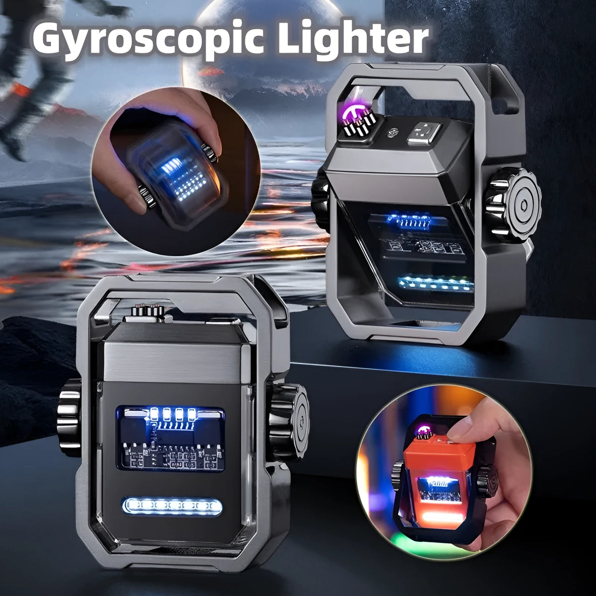 Zinc alloy windproof double arc electric lighter with rotary gyroscope in black nickel brushed finish on a dark background