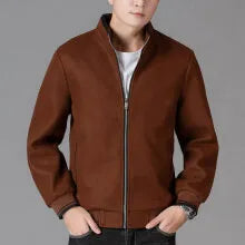 Men's grey polyester fleece jacket with zip pockets and long sleeves, shown on a hanger.