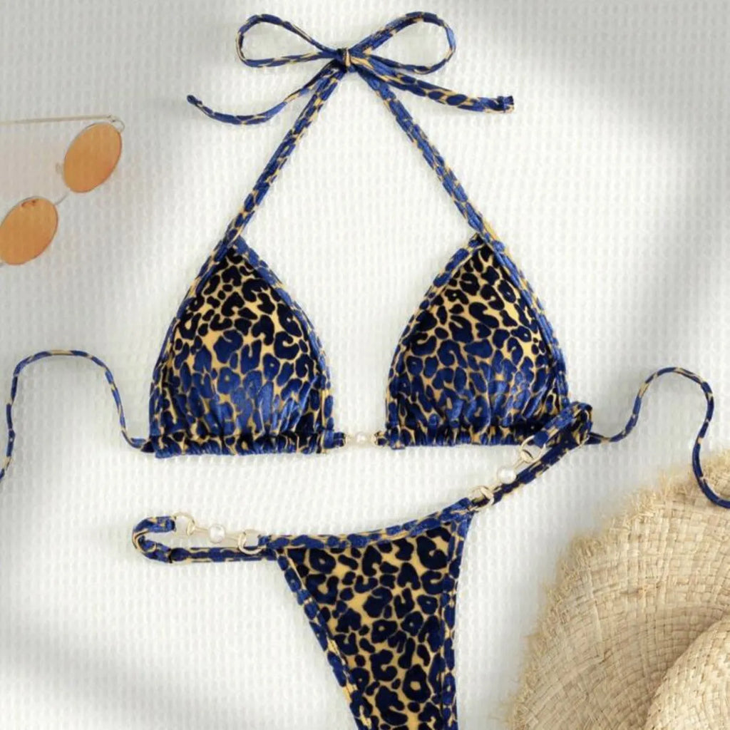 Women's leopard print bikini set with T-shaped design in polyester spandex fabric