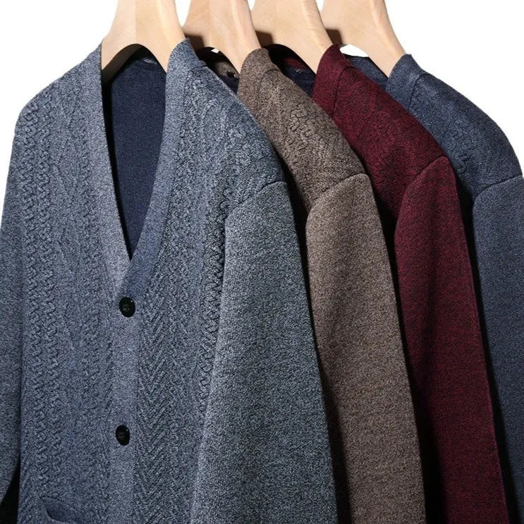 Men's striped cardigan sweater with wool lining in brown colour shown open over a white t-shirt.