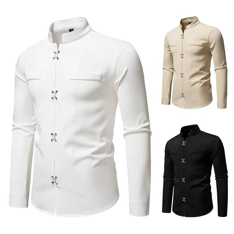 Men's long-sleeved slim-fit cardigan shirt in black polyester – front view