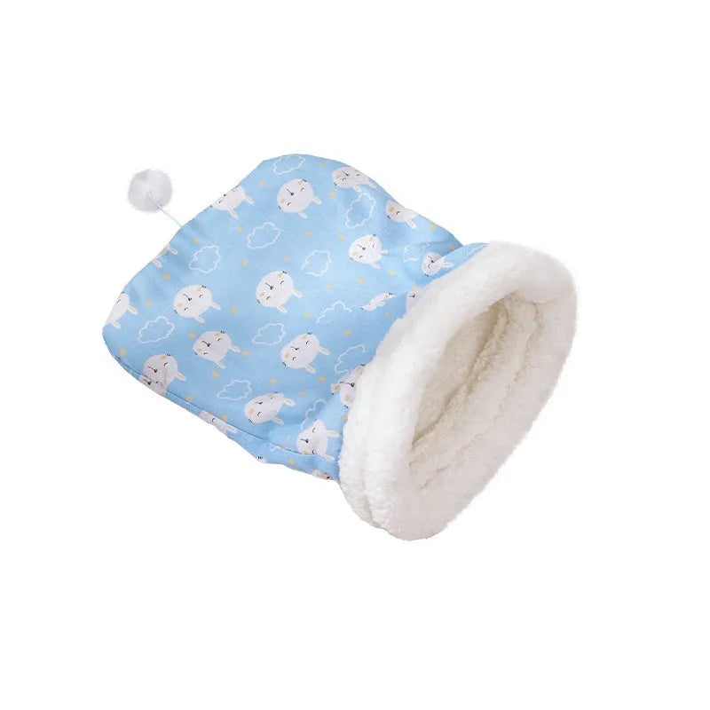 Blue rabbit pattern flannel cat sleeping bag nest measuring 50 by 40 centimetres.