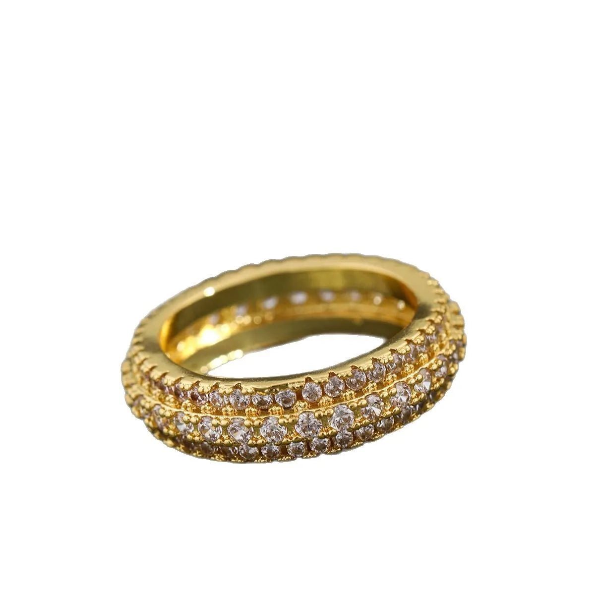 Geometric triangular ring with a zircon stone inlay, shown in white gold, yellow gold, and white and black finishes.