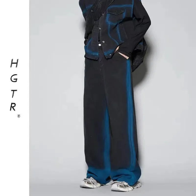 Men's blue distressed fleece-lined vest and jeans two-piece set on a hanger