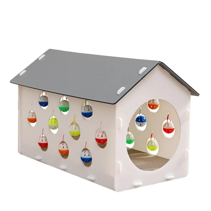 Integrated cat scratch board with attached tunnel containing bell ball and combined pet bed area
