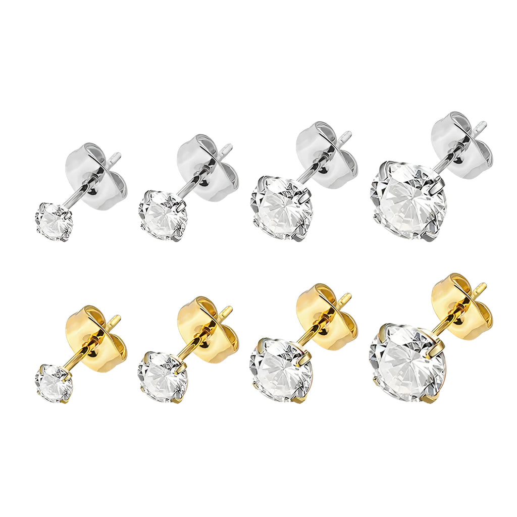 Titanium steel geometric square zircon stud earrings with round stones in gold and steel colour options