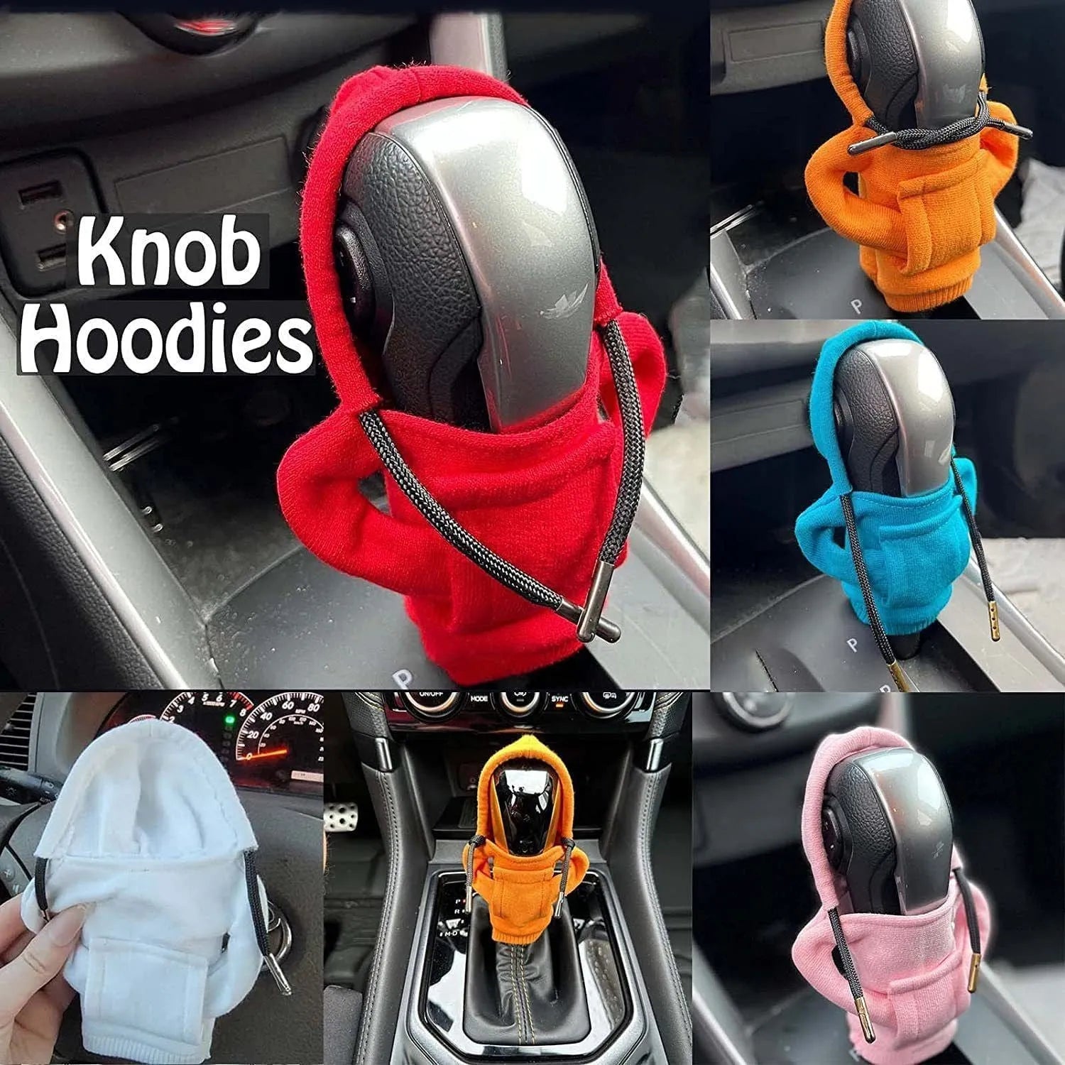 Cloth car gear shift knob cover in various colours showing its 13cm by 8cm size