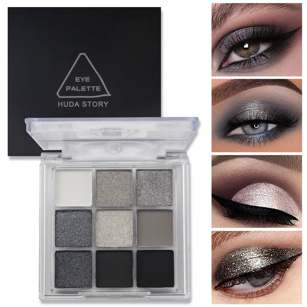 INS style nine-colour smoked eyeshadow palette showing white, silver, black, and iron grey shades